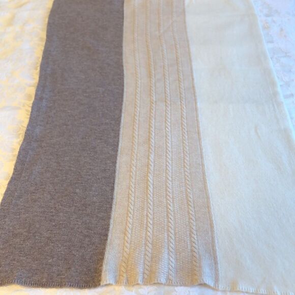 SCARF . Soft 3 colors - light lavender, tan, cream w imperfections 75" L X 24" W - Picture 2 of 13